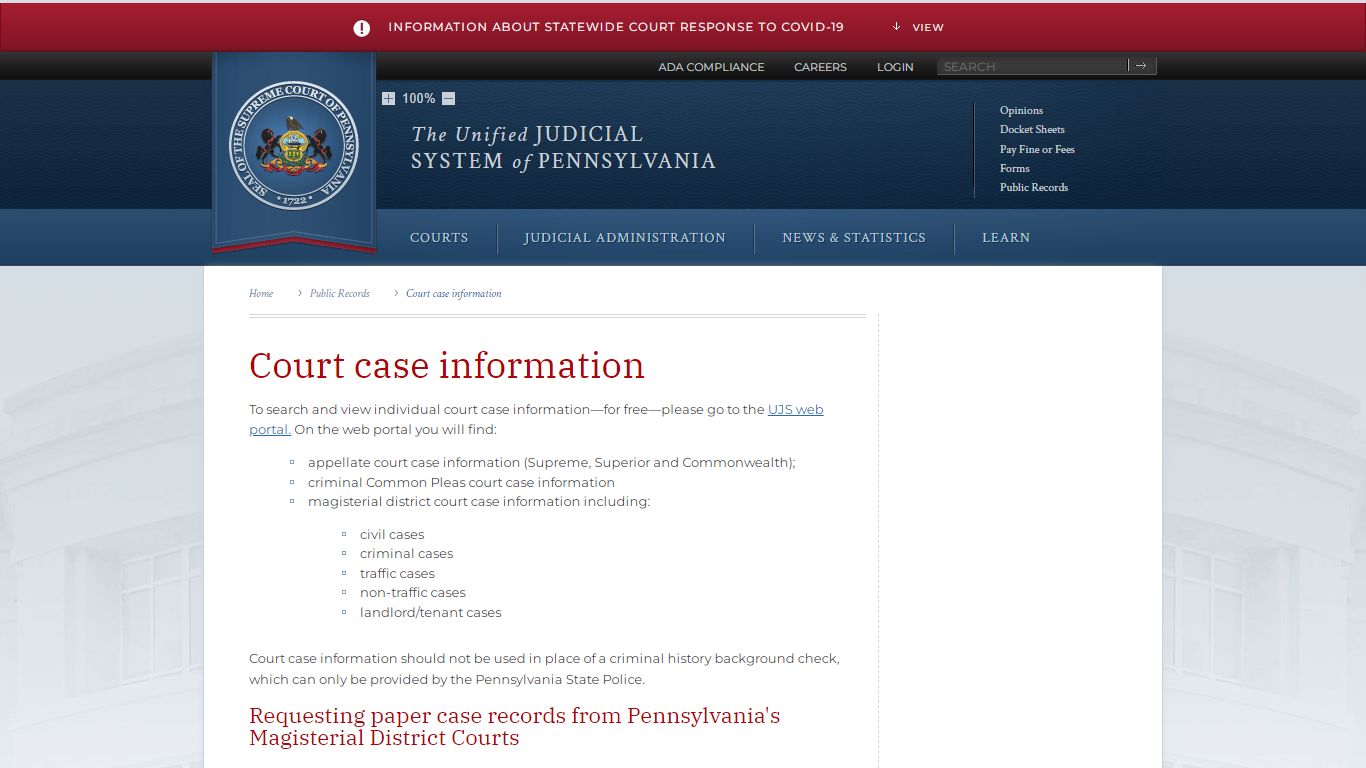 Court case information | Public Records | Unified Judicial ...